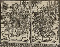 An illustration from Dits die excellente Cronike vā vlaenderē Beghinnende vā Liederick Buc den eersten Forestier tot dē laetstē, die door haer vrome feytē, namaels Grauē vā Vlaendrē ghemaect wordē, achteruolghende die rechte afcomste der voorsz grauē, tot desen onsen doorluchtichstē hoochghborē Keyser Karolo altijt v'meerder des rijcx geborē te Ghendt, etc (1531)