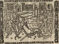 An illustration from Dits die excellente Cronike vā vlaenderē Beghinnende vā Liederick Buc den eersten Forestier tot dē laetstē, die door haer vrome feytē, namaels Grauē vā Vlaendrē ghemaect wordē, achteruolghende die rechte afcomste der voorsz grauē, tot desen onsen doorluchtichstē hoochghborē Keyser Karolo altijt v'meerder des rijcx geborē te Ghendt, etc (1531)