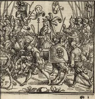 An illustration from Dits die excellente Cronike vā vlaenderē Beghinnende vā Liederick Buc den eersten Forestier tot dē laetstē, die door haer vrome feytē, namaels Grauē vā Vlaendrē ghemaect wordē, achteruolghende die rechte afcomste der voorsz grauē, tot desen onsen doorluchtichstē hoochghborē Keyser Karolo altijt v'meerder des rijcx geborē te Ghendt, etc (1531)