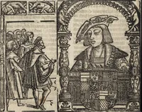 An illustration from Dits die excellente Cronike vā vlaenderē Beghinnende vā Liederick Buc den eersten Forestier tot dē laetstē, die door haer vrome feytē, namaels Grauē vā Vlaendrē ghemaect wordē, achteruolghende die rechte afcomste der voorsz grauē, tot desen onsen doorluchtichstē hoochghborē Keyser Karolo altijt v'meerder des rijcx geborē te Ghendt, etc (1531)