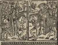 An illustration from Dits die excellente Cronike vā vlaenderē Beghinnende vā Liederick Buc den eersten Forestier tot dē laetstē, die door haer vrome feytē, namaels Grauē vā Vlaendrē ghemaect wordē, achteruolghende die rechte afcomste der voorsz grauē, tot desen onsen doorluchtichstē hoochghborē Keyser Karolo altijt v'meerder des rijcx geborē te Ghendt, etc (1531)