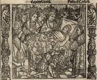 An illustration from Dits die excellente Cronike vā vlaenderē Beghinnende vā Liederick Buc den eersten Forestier tot dē laetstē, die door haer vrome feytē, namaels Grauē vā Vlaendrē ghemaect wordē, achteruolghende die rechte afcomste der voorsz grauē, tot desen onsen doorluchtichstē hoochghborē Keyser Karolo altijt v'meerder des rijcx geborē te Ghendt, etc (1531)