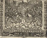 An illustration from Dits die excellente Cronike vā vlaenderē Beghinnende vā Liederick Buc den eersten Forestier tot dē laetstē, die door haer vrome feytē, namaels Grauē vā Vlaendrē ghemaect wordē, achteruolghende die rechte afcomste der voorsz grauē, tot desen onsen doorluchtichstē hoochghborē Keyser Karolo altijt v'meerder des rijcx geborē te Ghendt, etc (1531)