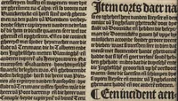 An illustration from Dits die excellente Cronike vā vlaenderē Beghinnende vā Liederick Buc den eersten Forestier tot dē laetstē, die door haer vrome feytē, namaels Grauē vā Vlaendrē ghemaect wordē, achteruolghende die rechte afcomste der voorsz grauē, tot desen onsen doorluchtichstē hoochghborē Keyser Karolo altijt v'meerder des rijcx geborē te Ghendt, etc (1531)