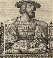 An illustration from Dits die excellente Cronike vā vlaenderē Beghinnende vā Liederick Buc den eersten Forestier tot dē laetstē, die door haer vrome feytē, namaels Grauē vā Vlaendrē ghemaect wordē, achteruolghende die rechte afcomste der voorsz grauē, tot desen onsen doorluchtichstē hoochghborē Keyser Karolo altijt v'meerder des rijcx geborē te Ghendt, etc (1531)