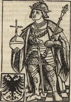 An illustration from Dits die excellente Cronike vā vlaenderē Beghinnende vā Liederick Buc den eersten Forestier tot dē laetstē, die door haer vrome feytē, namaels Grauē vā Vlaendrē ghemaect wordē, achteruolghende die rechte afcomste der voorsz grauē, tot desen onsen doorluchtichstē hoochghborē Keyser Karolo altijt v'meerder des rijcx geborē te Ghendt, etc (1531)