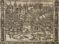 An illustration from Dits die excellente Cronike vā vlaenderē Beghinnende vā Liederick Buc den eersten Forestier tot dē laetstē, die door haer vrome feytē, namaels Grauē vā Vlaendrē ghemaect wordē, achteruolghende die rechte afcomste der voorsz grauē, tot desen onsen doorluchtichstē hoochghborē Keyser Karolo altijt v'meerder des rijcx geborē te Ghendt, etc (1531)
