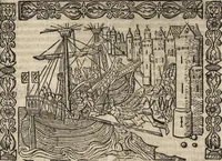 An illustration from Dits die excellente Cronike vā vlaenderē Beghinnende vā Liederick Buc den eersten Forestier tot dē laetstē, die door haer vrome feytē, namaels Grauē vā Vlaendrē ghemaect wordē, achteruolghende die rechte afcomste der voorsz grauē, tot desen onsen doorluchtichstē hoochghborē Keyser Karolo altijt v'meerder des rijcx geborē te Ghendt, etc (1531)