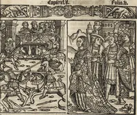 An illustration from Dits die excellente Cronike vā vlaenderē Beghinnende vā Liederick Buc den eersten Forestier tot dē laetstē, die door haer vrome feytē, namaels Grauē vā Vlaendrē ghemaect wordē, achteruolghende die rechte afcomste der voorsz grauē, tot desen onsen doorluchtichstē hoochghborē Keyser Karolo altijt v'meerder des rijcx geborē te Ghendt, etc (1531)