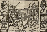 An illustration from Dits die excellente Cronike vā vlaenderē Beghinnende vā Liederick Buc den eersten Forestier tot dē laetstē, die door haer vrome feytē, namaels Grauē vā Vlaendrē ghemaect wordē, achteruolghende die rechte afcomste der voorsz grauē, tot desen onsen doorluchtichstē hoochghborē Keyser Karolo altijt v'meerder des rijcx geborē te Ghendt, etc (1531)