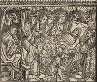 An illustration from Dits die excellente Cronike vā vlaenderē Beghinnende vā Liederick Buc den eersten Forestier tot dē laetstē, die door haer vrome feytē, namaels Grauē vā Vlaendrē ghemaect wordē, achteruolghende die rechte afcomste der voorsz grauē, tot desen onsen doorluchtichstē hoochghborē Keyser Karolo altijt v'meerder des rijcx geborē te Ghendt, etc (1531)