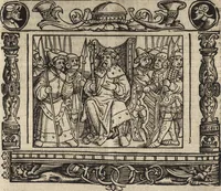 An illustration from Dits die excellente Cronike vā vlaenderē Beghinnende vā Liederick Buc den eersten Forestier tot dē laetstē, die door haer vrome feytē, namaels Grauē vā Vlaendrē ghemaect wordē, achteruolghende die rechte afcomste der voorsz grauē, tot desen onsen doorluchtichstē hoochghborē Keyser Karolo altijt v'meerder des rijcx geborē te Ghendt, etc (1531)