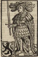 An illustration from Dits die excellente Cronike vā vlaenderē Beghinnende vā Liederick Buc den eersten Forestier tot dē laetstē, die door haer vrome feytē, namaels Grauē vā Vlaendrē ghemaect wordē, achteruolghende die rechte afcomste der voorsz grauē, tot desen onsen doorluchtichstē hoochghborē Keyser Karolo altijt v'meerder des rijcx geborē te Ghendt, etc (1531)