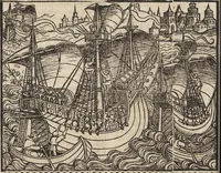 An illustration from Dits die excellente Cronike vā vlaenderē Beghinnende vā Liederick Buc den eersten Forestier tot dē laetstē, die door haer vrome feytē, namaels Grauē vā Vlaendrē ghemaect wordē, achteruolghende die rechte afcomste der voorsz grauē, tot desen onsen doorluchtichstē hoochghborē Keyser Karolo altijt v'meerder des rijcx geborē te Ghendt, etc (1531)