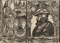 An illustration from Dits die excellente Cronike vā vlaenderē Beghinnende vā Liederick Buc den eersten Forestier tot dē laetstē, die door haer vrome feytē, namaels Grauē vā Vlaendrē ghemaect wordē, achteruolghende die rechte afcomste der voorsz grauē, tot desen onsen doorluchtichstē hoochghborē Keyser Karolo altijt v'meerder des rijcx geborē te Ghendt, etc (1531)