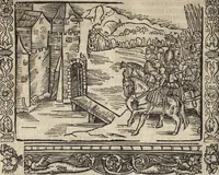 An illustration from Dits die excellente Cronike vā vlaenderē Beghinnende vā Liederick Buc den eersten Forestier tot dē laetstē, die door haer vrome feytē, namaels Grauē vā Vlaendrē ghemaect wordē, achteruolghende die rechte afcomste der voorsz grauē, tot desen onsen doorluchtichstē hoochghborē Keyser Karolo altijt v'meerder des rijcx geborē te Ghendt, etc (1531)