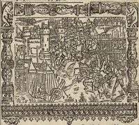 An illustration from Dits die excellente Cronike vā vlaenderē Beghinnende vā Liederick Buc den eersten Forestier tot dē laetstē, die door haer vrome feytē, namaels Grauē vā Vlaendrē ghemaect wordē, achteruolghende die rechte afcomste der voorsz grauē, tot desen onsen doorluchtichstē hoochghborē Keyser Karolo altijt v'meerder des rijcx geborē te Ghendt, etc (1531)