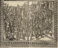 An illustration from Dits die excellente Cronike vā vlaenderē Beghinnende vā Liederick Buc den eersten Forestier tot dē laetstē, die door haer vrome feytē, namaels Grauē vā Vlaendrē ghemaect wordē, achteruolghende die rechte afcomste der voorsz grauē, tot desen onsen doorluchtichstē hoochghborē Keyser Karolo altijt v'meerder des rijcx geborē te Ghendt, etc (1531)