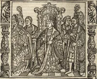 An illustration from Dits die excellente Cronike vā vlaenderē Beghinnende vā Liederick Buc den eersten Forestier tot dē laetstē, die door haer vrome feytē, namaels Grauē vā Vlaendrē ghemaect wordē, achteruolghende die rechte afcomste der voorsz grauē, tot desen onsen doorluchtichstē hoochghborē Keyser Karolo altijt v'meerder des rijcx geborē te Ghendt, etc (1531)