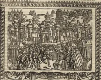 An illustration from Dits die excellente Cronike vā vlaenderē Beghinnende vā Liederick Buc den eersten Forestier tot dē laetstē, die door haer vrome feytē, namaels Grauē vā Vlaendrē ghemaect wordē, achteruolghende die rechte afcomste der voorsz grauē, tot desen onsen doorluchtichstē hoochghborē Keyser Karolo altijt v'meerder des rijcx geborē te Ghendt, etc (1531)