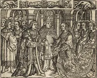 An illustration from Dits die excellente Cronike vā vlaenderē Beghinnende vā Liederick Buc den eersten Forestier tot dē laetstē, die door haer vrome feytē, namaels Grauē vā Vlaendrē ghemaect wordē, achteruolghende die rechte afcomste der voorsz grauē, tot desen onsen doorluchtichstē hoochghborē Keyser Karolo altijt v'meerder des rijcx geborē te Ghendt, etc (1531)