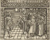 An illustration from Dits die excellente Cronike vā vlaenderē Beghinnende vā Liederick Buc den eersten Forestier tot dē laetstē, die door haer vrome feytē, namaels Grauē vā Vlaendrē ghemaect wordē, achteruolghende die rechte afcomste der voorsz grauē, tot desen onsen doorluchtichstē hoochghborē Keyser Karolo altijt v'meerder des rijcx geborē te Ghendt, etc (1531)