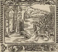 An illustration from Dits die excellente Cronike vā vlaenderē Beghinnende vā Liederick Buc den eersten Forestier tot dē laetstē, die door haer vrome feytē, namaels Grauē vā Vlaendrē ghemaect wordē, achteruolghende die rechte afcomste der voorsz grauē, tot desen onsen doorluchtichstē hoochghborē Keyser Karolo altijt v'meerder des rijcx geborē te Ghendt, etc (1531)
