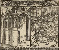 An illustration from Dits die excellente Cronike vā vlaenderē Beghinnende vā Liederick Buc den eersten Forestier tot dē laetstē, die door haer vrome feytē, namaels Grauē vā Vlaendrē ghemaect wordē, achteruolghende die rechte afcomste der voorsz grauē, tot desen onsen doorluchtichstē hoochghborē Keyser Karolo altijt v'meerder des rijcx geborē te Ghendt, etc (1531)