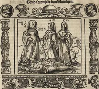 An illustration from Dits die excellente Cronike vā vlaenderē Beghinnende vā Liederick Buc den eersten Forestier tot dē laetstē, die door haer vrome feytē, namaels Grauē vā Vlaendrē ghemaect wordē, achteruolghende die rechte afcomste der voorsz grauē, tot desen onsen doorluchtichstē hoochghborē Keyser Karolo altijt v'meerder des rijcx geborē te Ghendt, etc (1531)