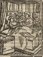 An illustration from Dits die excellente Cronike vā vlaenderē Beghinnende vā Liederick Buc den eersten Forestier tot dē laetstē, die door haer vrome feytē, namaels Grauē vā Vlaendrē ghemaect wordē, achteruolghende die rechte afcomste der voorsz grauē, tot desen onsen doorluchtichstē hoochghborē Keyser Karolo altijt v'meerder des rijcx geborē te Ghendt, etc (1531)