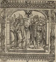 An illustration from Dits die excellente Cronike vā vlaenderē Beghinnende vā Liederick Buc den eersten Forestier tot dē laetstē, die door haer vrome feytē, namaels Grauē vā Vlaendrē ghemaect wordē, achteruolghende die rechte afcomste der voorsz grauē, tot desen onsen doorluchtichstē hoochghborē Keyser Karolo altijt v'meerder des rijcx geborē te Ghendt, etc (1531)