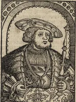 An illustration from Dits die excellente Cronike vā vlaenderē Beghinnende vā Liederick Buc den eersten Forestier tot dē laetstē, die door haer vrome feytē, namaels Grauē vā Vlaendrē ghemaect wordē, achteruolghende die rechte afcomste der voorsz grauē, tot desen onsen doorluchtichstē hoochghborē Keyser Karolo altijt v'meerder des rijcx geborē te Ghendt, etc (1531)