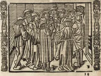 An illustration from Dits die excellente Cronike vā vlaenderē Beghinnende vā Liederick Buc den eersten Forestier tot dē laetstē, die door haer vrome feytē, namaels Grauē vā Vlaendrē ghemaect wordē, achteruolghende die rechte afcomste der voorsz grauē, tot desen onsen doorluchtichstē hoochghborē Keyser Karolo altijt v'meerder des rijcx geborē te Ghendt, etc (1531)