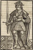 An illustration from Dits die excellente Cronike vā vlaenderē Beghinnende vā Liederick Buc den eersten Forestier tot dē laetstē, die door haer vrome feytē, namaels Grauē vā Vlaendrē ghemaect wordē, achteruolghende die rechte afcomste der voorsz grauē, tot desen onsen doorluchtichstē hoochghborē Keyser Karolo altijt v'meerder des rijcx geborē te Ghendt, etc (1531)