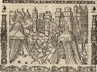 An illustration from Dits die excellente Cronike vā vlaenderē Beghinnende vā Liederick Buc den eersten Forestier tot dē laetstē, die door haer vrome feytē, namaels Grauē vā Vlaendrē ghemaect wordē, achteruolghende die rechte afcomste der voorsz grauē, tot desen onsen doorluchtichstē hoochghborē Keyser Karolo altijt v'meerder des rijcx geborē te Ghendt, etc (1531)