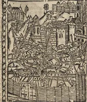 An illustration from Dits die excellente Cronike vā vlaenderē Beghinnende vā Liederick Buc den eersten Forestier tot dē laetstē, die door haer vrome feytē, namaels Grauē vā Vlaendrē ghemaect wordē, achteruolghende die rechte afcomste der voorsz grauē, tot desen onsen doorluchtichstē hoochghborē Keyser Karolo altijt v'meerder des rijcx geborē te Ghendt, etc (1531)