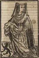 An illustration from Dits die excellente Cronike vā vlaenderē Beghinnende vā Liederick Buc den eersten Forestier tot dē laetstē, die door haer vrome feytē, namaels Grauē vā Vlaendrē ghemaect wordē, achteruolghende die rechte afcomste der voorsz grauē, tot desen onsen doorluchtichstē hoochghborē Keyser Karolo altijt v'meerder des rijcx geborē te Ghendt, etc (1531)