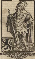 An illustration from Dits die excellente Cronike vā vlaenderē Beghinnende vā Liederick Buc den eersten Forestier tot dē laetstē, die door haer vrome feytē, namaels Grauē vā Vlaendrē ghemaect wordē, achteruolghende die rechte afcomste der voorsz grauē, tot desen onsen doorluchtichstē hoochghborē Keyser Karolo altijt v'meerder des rijcx geborē te Ghendt, etc (1531)