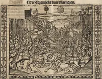 An illustration from Dits die excellente Cronike vā vlaenderē Beghinnende vā Liederick Buc den eersten Forestier tot dē laetstē, die door haer vrome feytē, namaels Grauē vā Vlaendrē ghemaect wordē, achteruolghende die rechte afcomste der voorsz grauē, tot desen onsen doorluchtichstē hoochghborē Keyser Karolo altijt v'meerder des rijcx geborē te Ghendt, etc (1531)