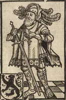 An illustration from Dits die excellente Cronike vā vlaenderē Beghinnende vā Liederick Buc den eersten Forestier tot dē laetstē, die door haer vrome feytē, namaels Grauē vā Vlaendrē ghemaect wordē, achteruolghende die rechte afcomste der voorsz grauē, tot desen onsen doorluchtichstē hoochghborē Keyser Karolo altijt v'meerder des rijcx geborē te Ghendt, etc (1531)