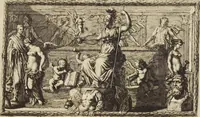 An illustration from Sculpturae veteris admiranda, sive, Delineatio vera perfectissimarum eminentissimarumque statuarum : unà cum artis hujus nobilissimae theoria ... : Carolo Ludovico, comiti Palat. Rheni ... consecrata à Joachimo de Sandrart in Stockau (1680)