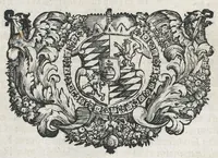 An illustration from Descriptio historica utruisque fortunae Maximiliani Emmanuelis ... : S.R.I. Archi-Dapiferi et Electoris ... : secundum heroica majorum suorum exempla Herculeis laboribus repraesentata, tabula serenissimi stemmatis leonini, aeneisque ducum bavaricorum figuris et emblematibus adornata ... (1715)