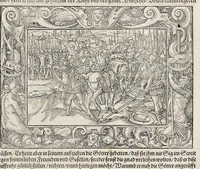 An illustration from Von Ankunfft vnnd Vrsprung des Römischen Reichs : der alten Römer Herkommen, Sitten, Weissheyt, Ehrbarkeyt, löblichem Regiment, Ritterlichen Thaten, Victori vnnd Sig gegen ihren Feinden : auch von allerley Händeln vñ Geschichten, so sich in Frid vnd Krieg, zu Rom, in Italia, vnd bei andern Nationen, damit die Römer jeder Zeit zu thuen gehabt, fast jnnerhalb achthundert Jaren, von Erbawung der Statt an, erstlich vnter der Könige vnnd volgends vnter der Rathesmaister Regiment, biss auff der ersten Römischen Keyser Regierung verloffen vnd zugetragen : jetzund auff dass newe auss dem Latein verteutscht, vnd mit ordenlicher Verzeychniss der fürnemsten Historien, Jarrechnung, kurtzer Liuischen Chronica, Register, vnd schönen Figuren geziert, dessgleichen vor hin im Truck nie aussgangen (1574)