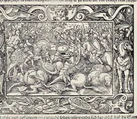 An illustration from Von Ankunfft vnnd Vrsprung des Römischen Reichs : der alten Römer Herkommen, Sitten, Weissheyt, Ehrbarkeyt, löblichem Regiment, Ritterlichen Thaten, Victori vnnd Sig gegen ihren Feinden : auch von allerley Händeln vñ Geschichten, so sich in Frid vnd Krieg, zu Rom, in Italia, vnd bei andern Nationen, damit die Römer jeder Zeit zu thuen gehabt, fast jnnerhalb achthundert Jaren, von Erbawung der Statt an, erstlich vnter der Könige vnnd volgends vnter der Rathesmaister Regiment, biss auff der ersten Römischen Keyser Regierung verloffen vnd zugetragen : jetzund auff dass newe auss dem Latein verteutscht, vnd mit ordenlicher Verzeychniss der fürnemsten Historien, Jarrechnung, kurtzer Liuischen Chronica, Register, vnd schönen Figuren geziert, dessgleichen vor hin im Truck nie aussgangen (1574)