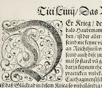 An illustration from Von Ankunfft vnnd Vrsprung des Römischen Reichs : der alten Römer Herkommen, Sitten, Weissheyt, Ehrbarkeyt, löblichem Regiment, Ritterlichen Thaten, Victori vnnd Sig gegen ihren Feinden : auch von allerley Händeln vñ Geschichten, so sich in Frid vnd Krieg, zu Rom, in Italia, vnd bei andern Nationen, damit die Römer jeder Zeit zu thuen gehabt, fast jnnerhalb achthundert Jaren, von Erbawung der Statt an, erstlich vnter der Könige vnnd volgends vnter der Rathesmaister Regiment, biss auff der ersten Römischen Keyser Regierung verloffen vnd zugetragen : jetzund auff dass newe auss dem Latein verteutscht, vnd mit ordenlicher Verzeychniss der fürnemsten Historien, Jarrechnung, kurtzer Liuischen Chronica, Register, vnd schönen Figuren geziert, dessgleichen vor hin im Truck nie aussgangen (1574)