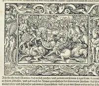 An illustration from Von Ankunfft vnnd Vrsprung des Römischen Reichs : der alten Römer Herkommen, Sitten, Weissheyt, Ehrbarkeyt, löblichem Regiment, Ritterlichen Thaten, Victori vnnd Sig gegen ihren Feinden : auch von allerley Händeln vñ Geschichten, so sich in Frid vnd Krieg, zu Rom, in Italia, vnd bei andern Nationen, damit die Römer jeder Zeit zu thuen gehabt, fast jnnerhalb achthundert Jaren, von Erbawung der Statt an, erstlich vnter der Könige vnnd volgends vnter der Rathesmaister Regiment, biss auff der ersten Römischen Keyser Regierung verloffen vnd zugetragen : jetzund auff dass newe auss dem Latein verteutscht, vnd mit ordenlicher Verzeychniss der fürnemsten Historien, Jarrechnung, kurtzer Liuischen Chronica, Register, vnd schönen Figuren geziert, dessgleichen vor hin im Truck nie aussgangen (1574)