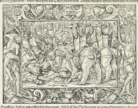 An illustration from Von Ankunfft vnnd Vrsprung des Römischen Reichs : der alten Römer Herkommen, Sitten, Weissheyt, Ehrbarkeyt, löblichem Regiment, Ritterlichen Thaten, Victori vnnd Sig gegen ihren Feinden : auch von allerley Händeln vñ Geschichten, so sich in Frid vnd Krieg, zu Rom, in Italia, vnd bei andern Nationen, damit die Römer jeder Zeit zu thuen gehabt, fast jnnerhalb achthundert Jaren, von Erbawung der Statt an, erstlich vnter der Könige vnnd volgends vnter der Rathesmaister Regiment, biss auff der ersten Römischen Keyser Regierung verloffen vnd zugetragen : jetzund auff dass newe auss dem Latein verteutscht, vnd mit ordenlicher Verzeychniss der fürnemsten Historien, Jarrechnung, kurtzer Liuischen Chronica, Register, vnd schönen Figuren geziert, dessgleichen vor hin im Truck nie aussgangen (1574)