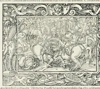 An illustration from Von Ankunfft vnnd Vrsprung des Römischen Reichs : der alten Römer Herkommen, Sitten, Weissheyt, Ehrbarkeyt, löblichem Regiment, Ritterlichen Thaten, Victori vnnd Sig gegen ihren Feinden : auch von allerley Händeln vñ Geschichten, so sich in Frid vnd Krieg, zu Rom, in Italia, vnd bei andern Nationen, damit die Römer jeder Zeit zu thuen gehabt, fast jnnerhalb achthundert Jaren, von Erbawung der Statt an, erstlich vnter der Könige vnnd volgends vnter der Rathesmaister Regiment, biss auff der ersten Römischen Keyser Regierung verloffen vnd zugetragen : jetzund auff dass newe auss dem Latein verteutscht, vnd mit ordenlicher Verzeychniss der fürnemsten Historien, Jarrechnung, kurtzer Liuischen Chronica, Register, vnd schönen Figuren geziert, dessgleichen vor hin im Truck nie aussgangen (1574)
