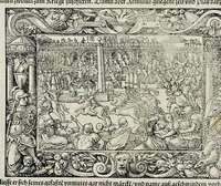An illustration from Von Ankunfft vnnd Vrsprung des Römischen Reichs : der alten Römer Herkommen, Sitten, Weissheyt, Ehrbarkeyt, löblichem Regiment, Ritterlichen Thaten, Victori vnnd Sig gegen ihren Feinden : auch von allerley Händeln vñ Geschichten, so sich in Frid vnd Krieg, zu Rom, in Italia, vnd bei andern Nationen, damit die Römer jeder Zeit zu thuen gehabt, fast jnnerhalb achthundert Jaren, von Erbawung der Statt an, erstlich vnter der Könige vnnd volgends vnter der Rathesmaister Regiment, biss auff der ersten Römischen Keyser Regierung verloffen vnd zugetragen : jetzund auff dass newe auss dem Latein verteutscht, vnd mit ordenlicher Verzeychniss der fürnemsten Historien, Jarrechnung, kurtzer Liuischen Chronica, Register, vnd schönen Figuren geziert, dessgleichen vor hin im Truck nie aussgangen (1574)