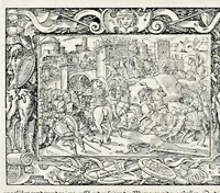 An illustration from Von Ankunfft vnnd Vrsprung des Römischen Reichs : der alten Römer Herkommen, Sitten, Weissheyt, Ehrbarkeyt, löblichem Regiment, Ritterlichen Thaten, Victori vnnd Sig gegen ihren Feinden : auch von allerley Händeln vñ Geschichten, so sich in Frid vnd Krieg, zu Rom, in Italia, vnd bei andern Nationen, damit die Römer jeder Zeit zu thuen gehabt, fast jnnerhalb achthundert Jaren, von Erbawung der Statt an, erstlich vnter der Könige vnnd volgends vnter der Rathesmaister Regiment, biss auff der ersten Römischen Keyser Regierung verloffen vnd zugetragen : jetzund auff dass newe auss dem Latein verteutscht, vnd mit ordenlicher Verzeychniss der fürnemsten Historien, Jarrechnung, kurtzer Liuischen Chronica, Register, vnd schönen Figuren geziert, dessgleichen vor hin im Truck nie aussgangen (1574)